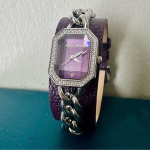 90’s Baby Phat Purple Leather Watch w Rhinestones, Silver Chain